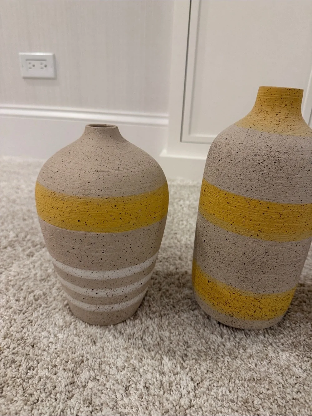 West Elm striped vases - yellow/white. Natural base. Like new!